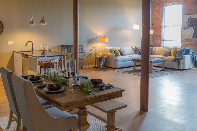 Dining Room in a one bedroom apartment in Pontiac Lofts Building #1 at Pontiac Mills in Warwick, Rhode Island outside of Providence