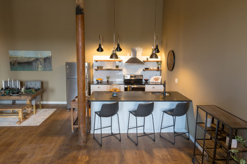 Kitchen in a one bedroom apartment in Pontiac Lofts Building #1 at Pontiac Mills in Warwick, Rhode Island outside of Providence