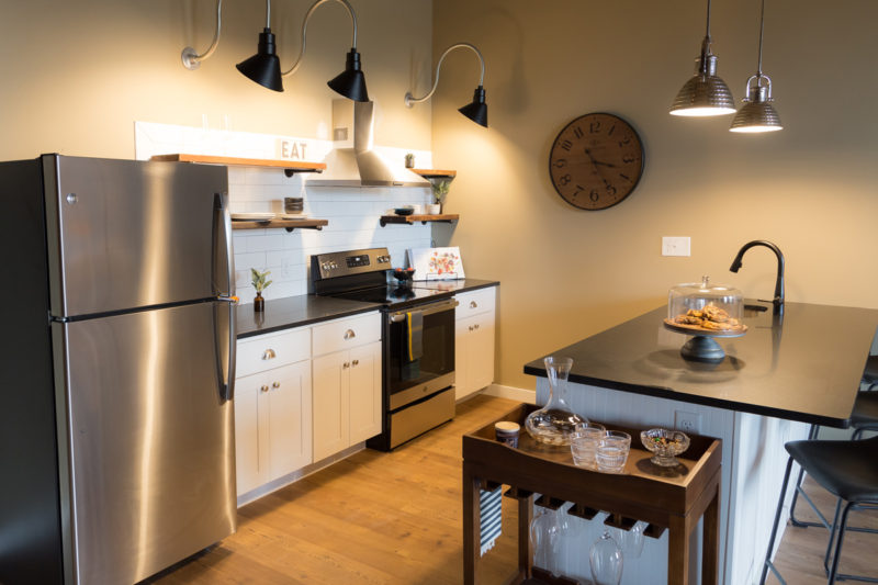 Kitchen in a one bedroom apartment in Pontiac Lofts Building #1 at Pontiac Mills in Warwick, Rhode Island outside of Providence