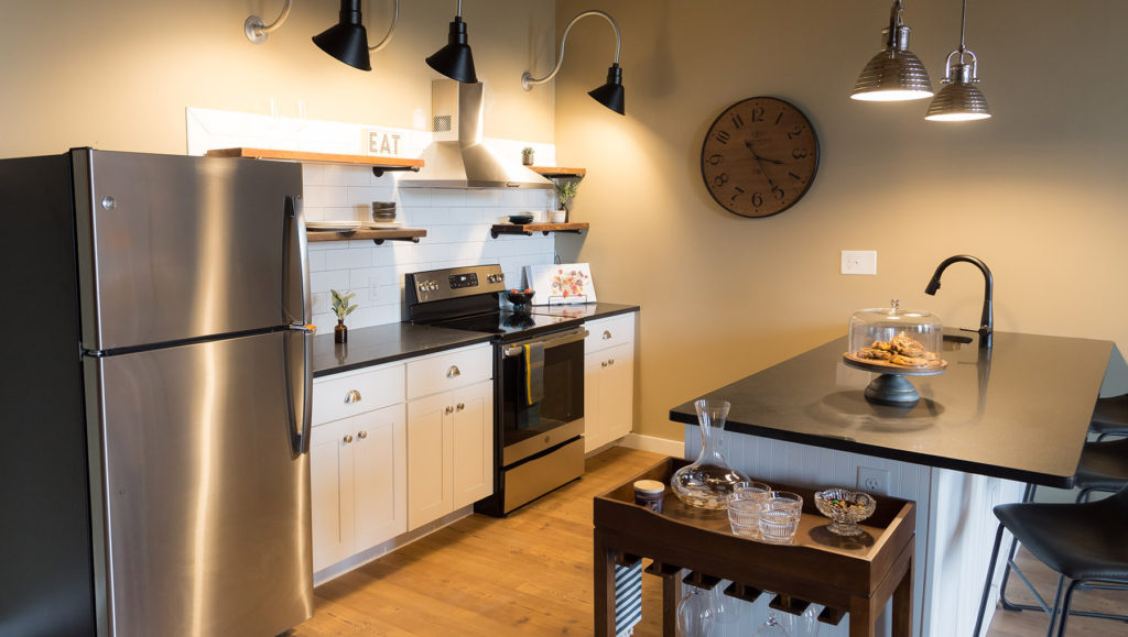 The kitchen in a One Bedroom Apartment at Pontiac Mills in Warwick, Rhode Island